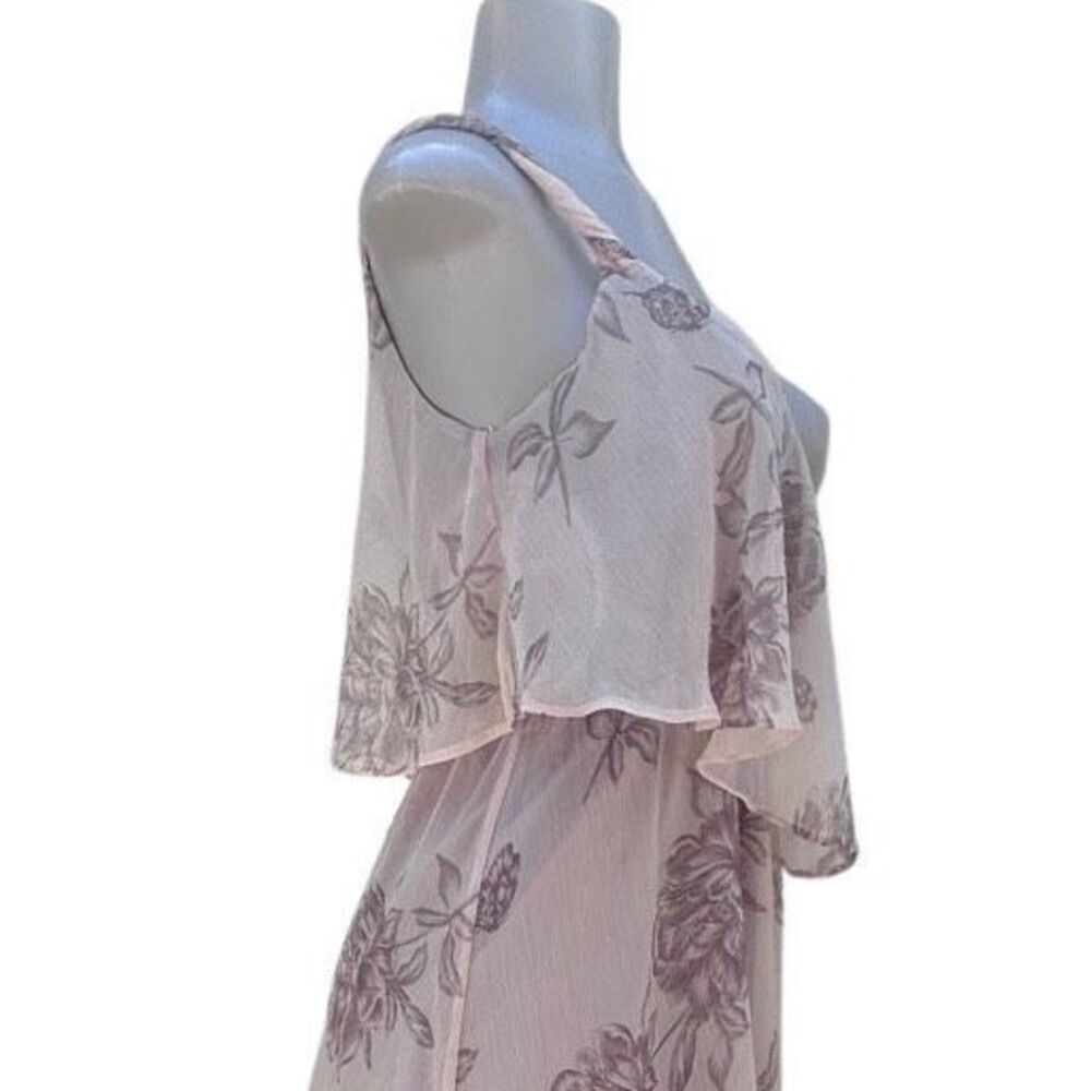 Love21 Popover High Low Dress Women's Medium Pink Taupe Floral Chiffon V-neck - Picture 6 of 14
